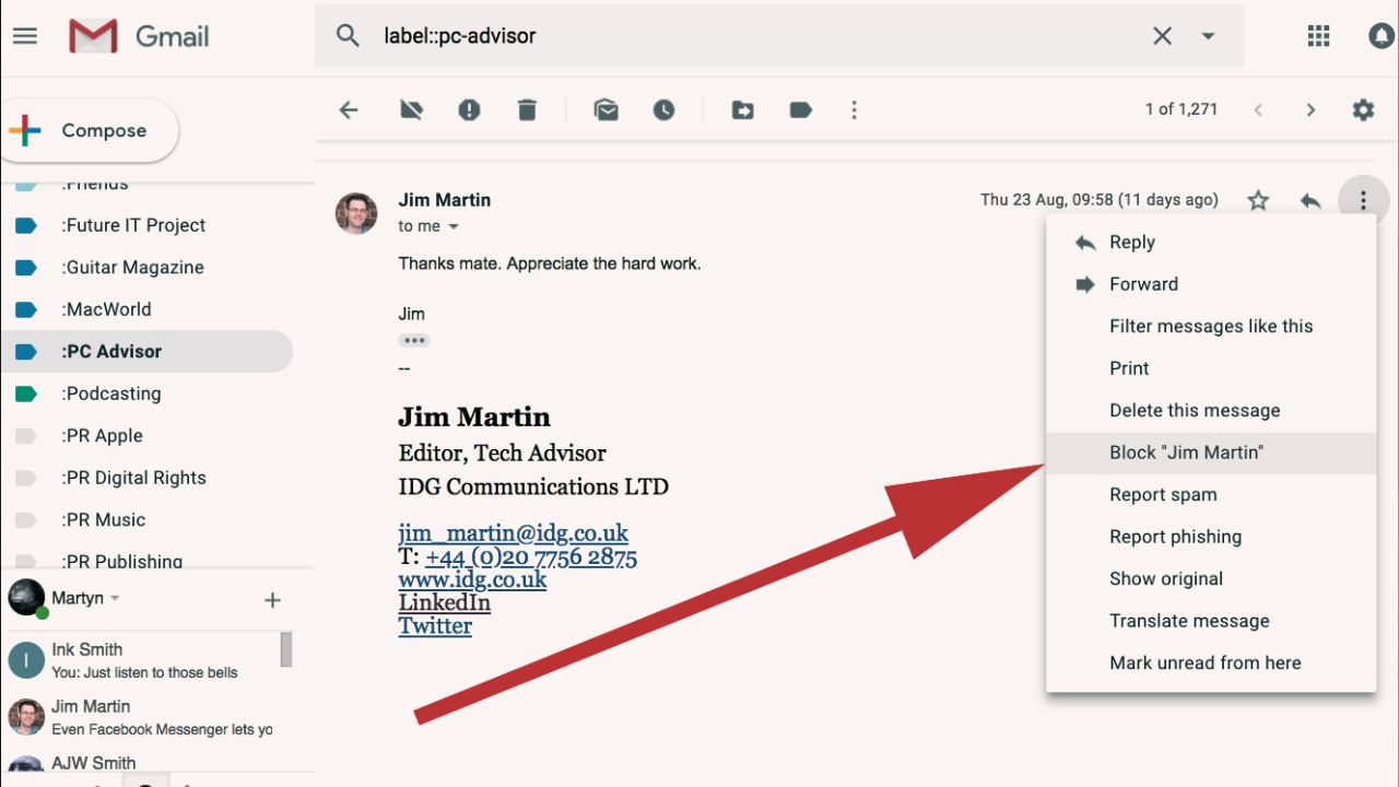 How to block emails on gmail from an Open Message